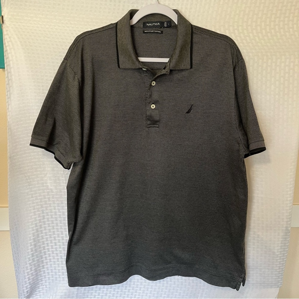 Nautica Polo Short Sleeve Golf Shirt Black and Cream Grid Pattern Size Large